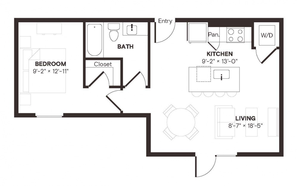 A1 AFF - 1 bedroom floorplan layout with 1 bath and 636 square feet.