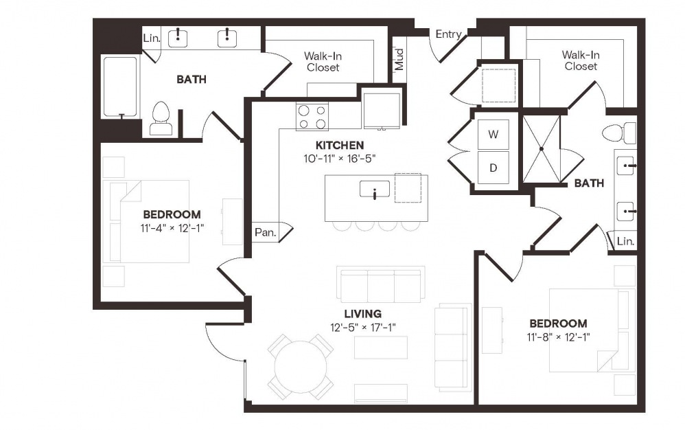 B1 AFF - 2 bedroom floorplan layout with 2 baths and 1167 square feet.