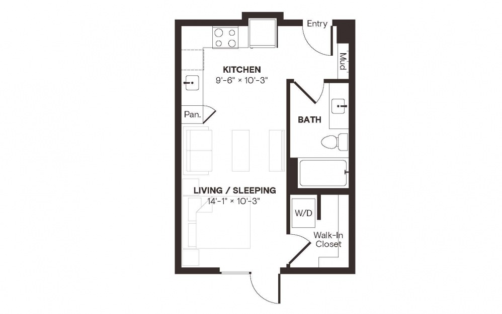 E2 - Studio floorplan layout with 1 bath and 431 square feet.