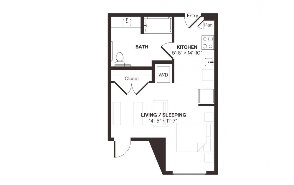 E4 ANSI - Studio floorplan layout with 1 bath and 493 square feet.