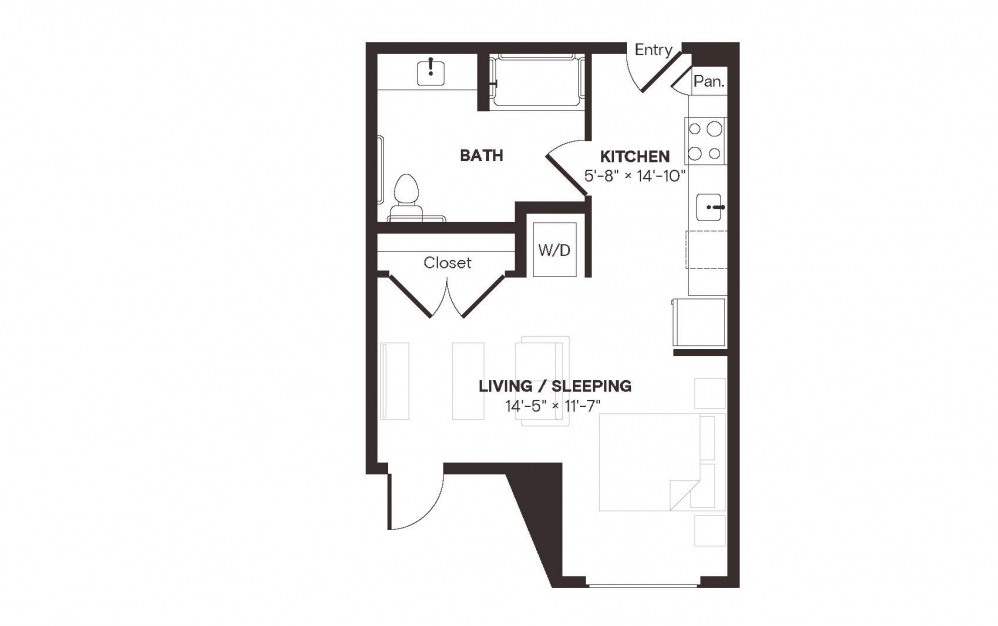 E4.3 ANSI - Studio floorplan layout with 1 bath and 489 square feet.