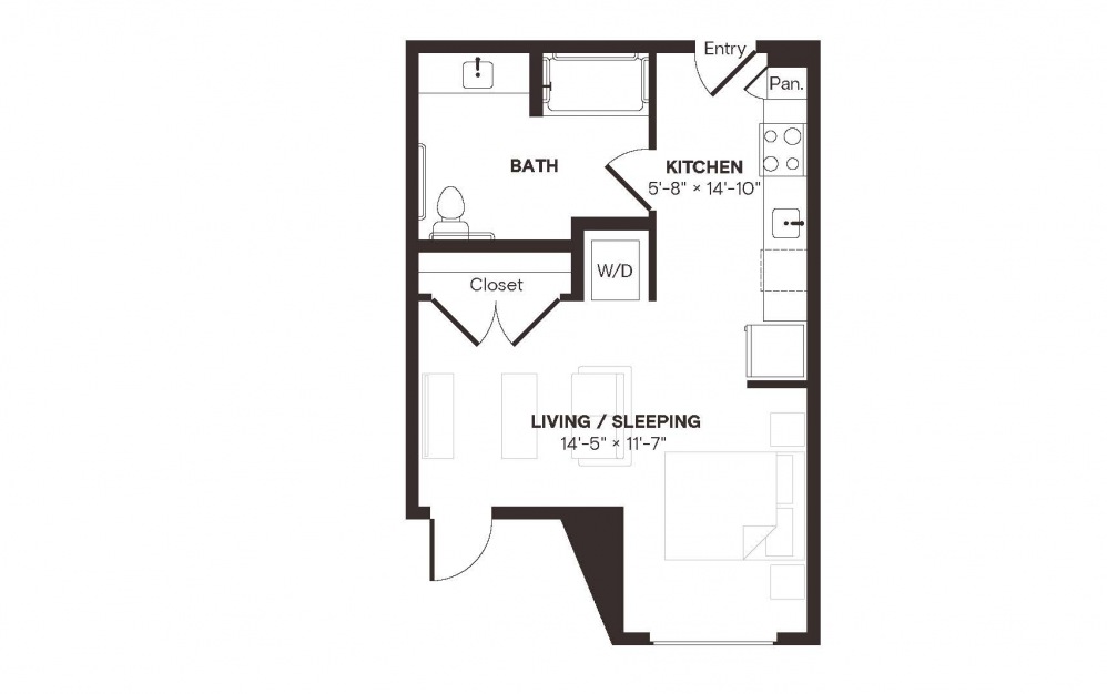 E4.1 - Studio floorplan layout with 1 bath and 499 square feet.