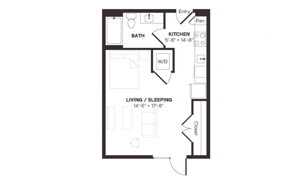 E5 - Studio floorplan layout with 1 bath and 488 square feet.